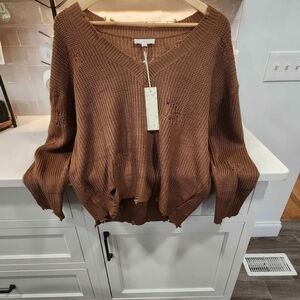 Brown Distressed V-Neck Sweater
